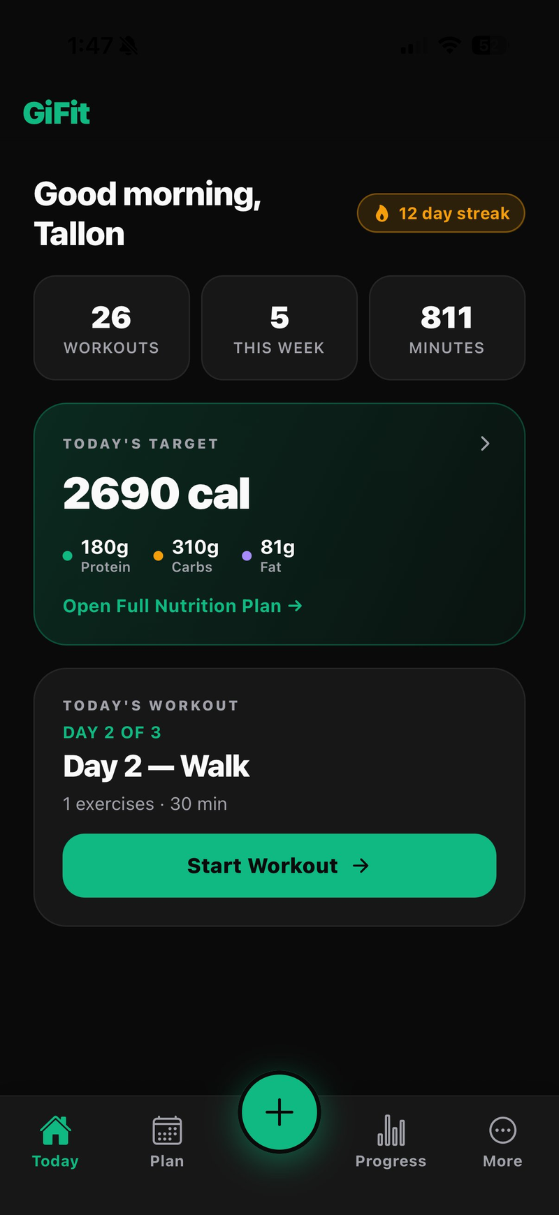 GiFit Today screen showing a self-paced workout plan - streak count - nutrition target - and next exercise preview.